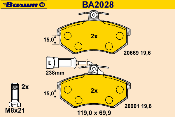 Комплект тормозных колодок, дисковый тормоз BARUM 20669