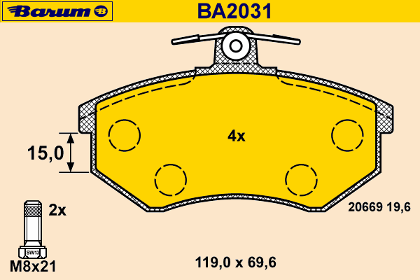 Комплект тормозных колодок, дисковый тормоз BARUM BA2031