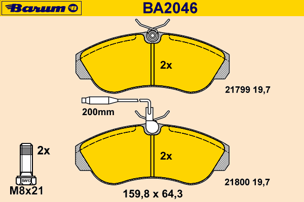 Комплект тормозных колодок, дисковый тормоз BARUM BA2046