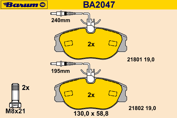 Комплект тормозных колодок, дисковый тормоз BARUM 21802