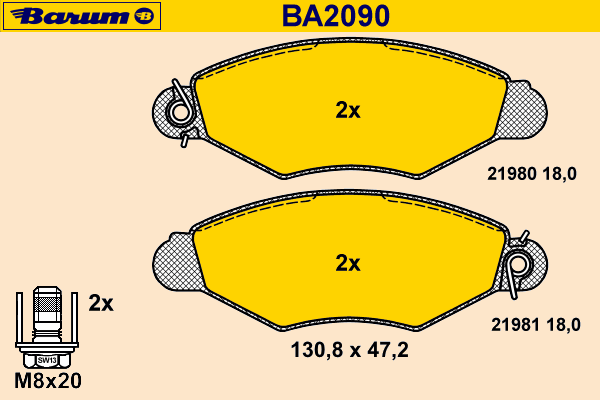 Комплект тормозных колодок, дисковый тормоз BARUM BA2090