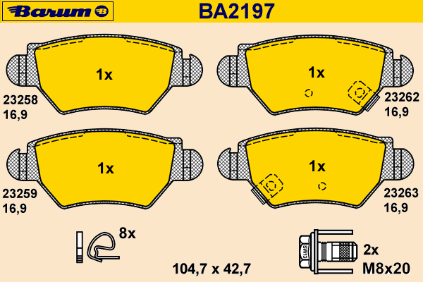 Комплект тормозных колодок, дисковый тормоз BARUM BA2197