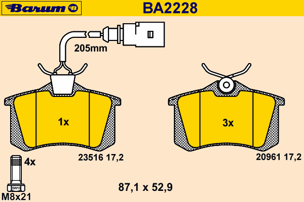 Комплект тормозных колодок, дисковый тормоз BARUM BA2228