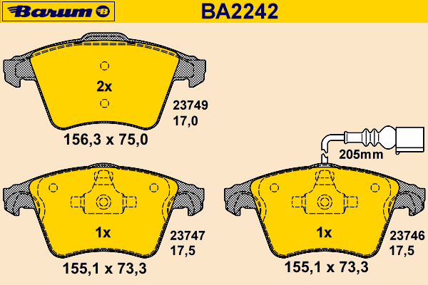 Комплект тормозных колодок, дисковый тормоз BARUM BA2242