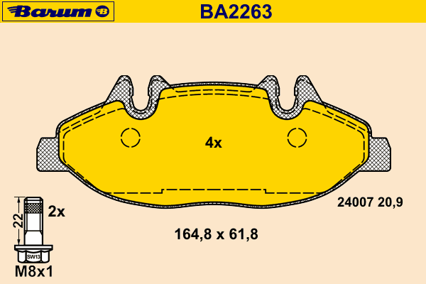 Комплект тормозных колодок, дисковый тормоз BARUM BA2263