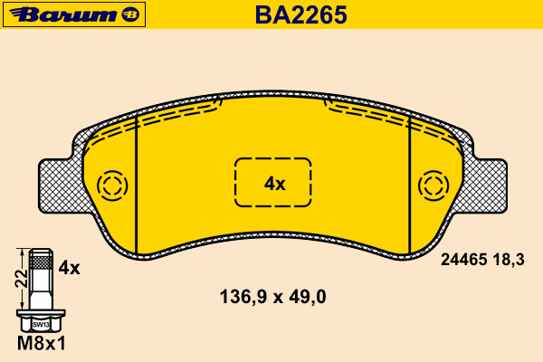Комплект тормозных колодок, дисковый тормоз BARUM BA2265