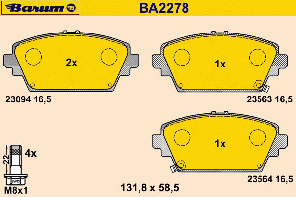 Комплект тормозных колодок, дисковый тормоз BARUM BA2278