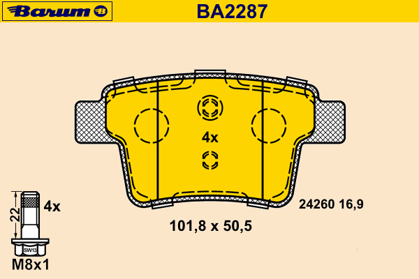 Комплект тормозных колодок, дисковый тормоз BARUM BA2287