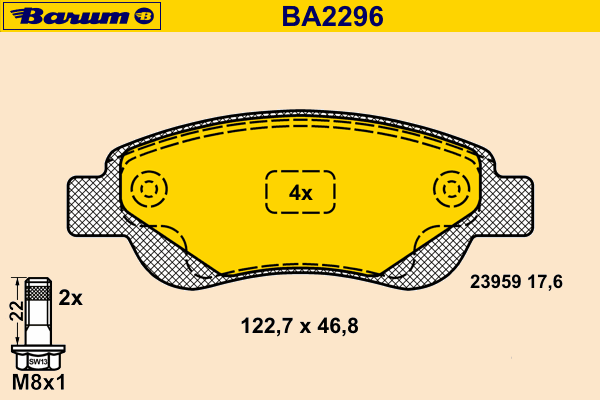 Комплект тормозных колодок, дисковый тормоз BARUM BA2296