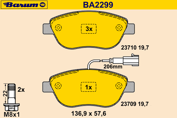 Комплект тормозных колодок, дисковый тормоз BARUM BA2299