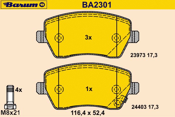 Комплект тормозных колодок, дисковый тормоз BARUM BA2301