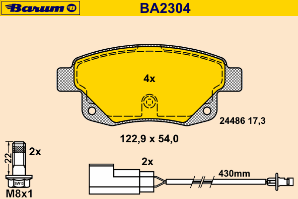 Комплект тормозных колодок, дисковый тормоз BARUM BA2304