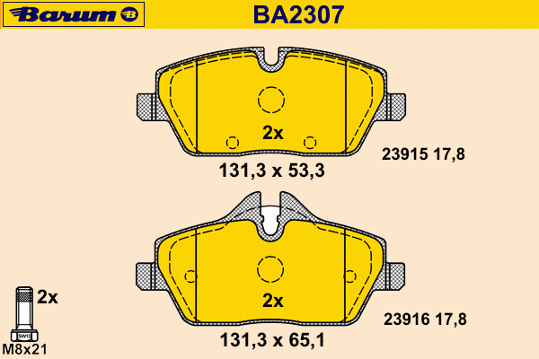 Комплект тормозных колодок, дисковый тормоз BARUM BA2307