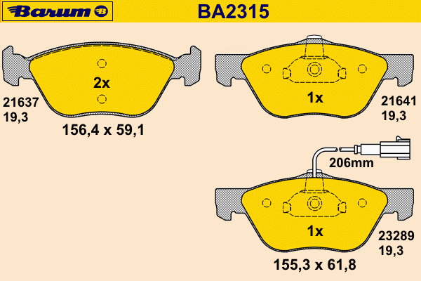 Комплект тормозных колодок, дисковый тормоз BARUM BA2315