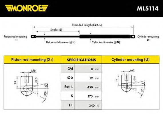 Газовая пружина, капот MONROE ML5114