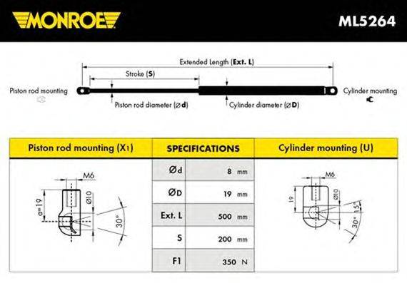 Газовая пружина, капот MONROE ML5264