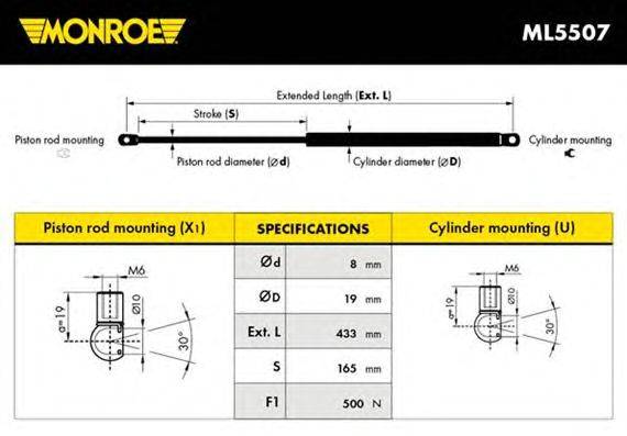 Газовая пружина, крышка багажник MONROE ML5507