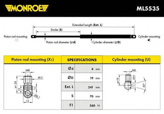 Газовая пружина, крышка багажник MONROE ML5535