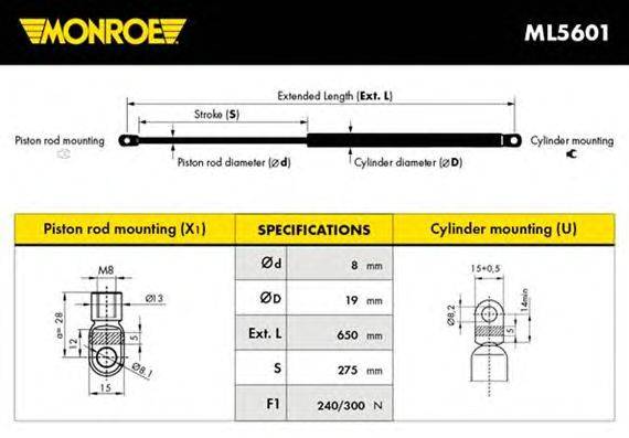 Газовая пружина, крышка багажник MONROE ML5601