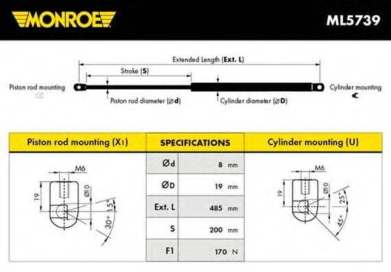 Газовая пружина, капот MONROE ML5739