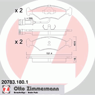 Комплект тормозных колодок, дисковый тормоз ZIMMERMANN 20783