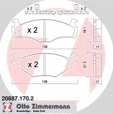 Комплект тормозных колодок, дисковый тормоз ZIMMERMANN 20887.170.2