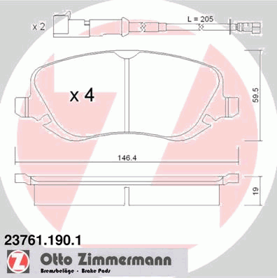 Комплект тормозных колодок, дисковый тормоз ZIMMERMANN 23761.190.1