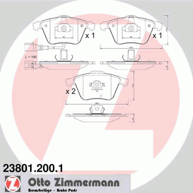 Комплект тормозных колодок, дисковый тормоз ZIMMERMANN 23801.200.1