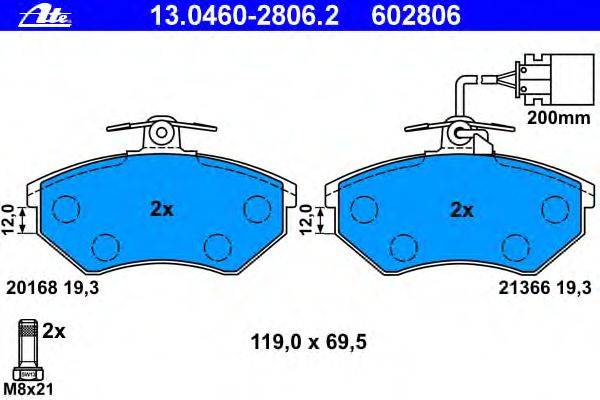 Комплект тормозных колодок, дисковый тормоз ATE 13.0460-2806.2