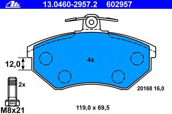 Комплект тормозных колодок, дисковый тормоз ATE 13.0460-2957.2