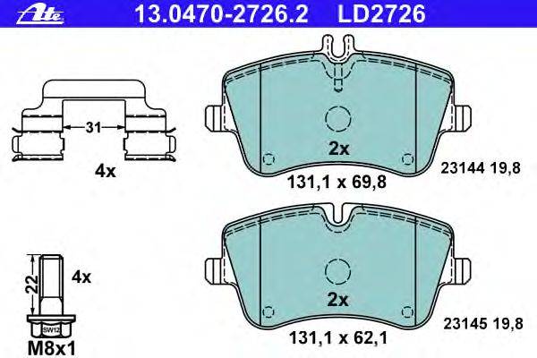 Комплект тормозных колодок, дисковый тормоз ATE 13.0470-2726.2