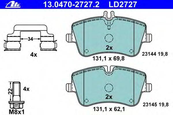 Комплект тормозных колодок, дисковый тормоз ATE 13.0470-2727.2