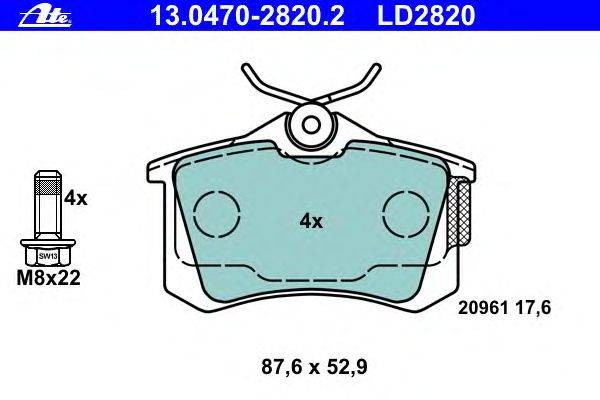 Комплект тормозных колодок, дисковый тормоз ATE 13.0470-2820.2