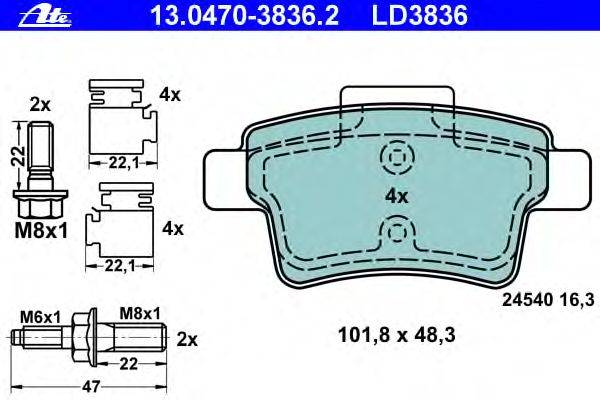 Комплект тормозных колодок, дисковый тормоз ATE 13.0470-3836.2