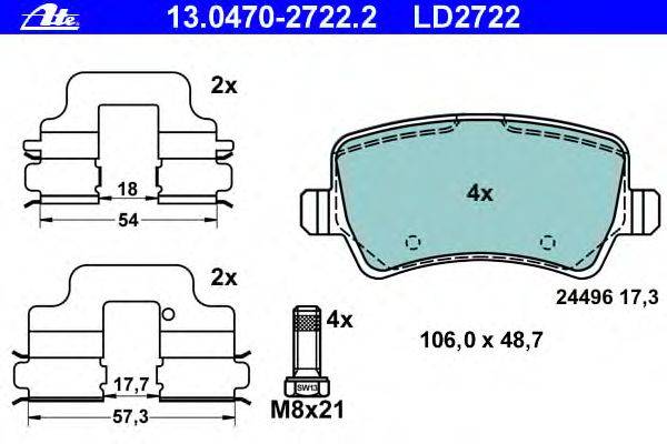 Комплект тормозных колодок, дисковый тормоз ATE 13.0470-2722.2