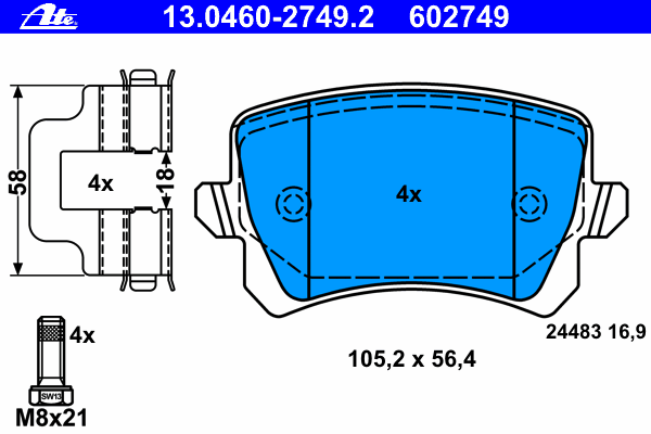 Комплект тормозных колодок, дисковый тормоз ATE 13.0460-2749.2