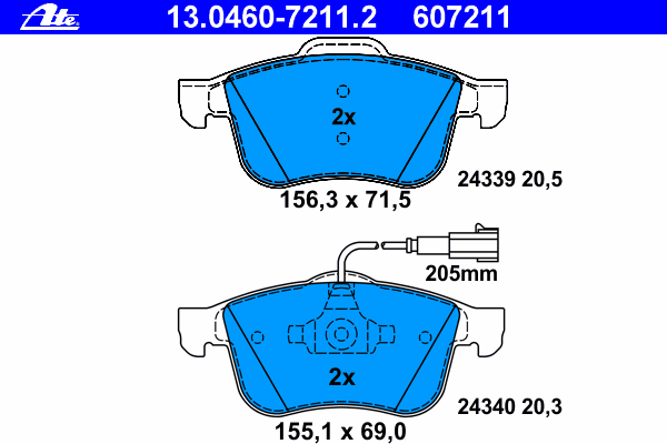 Комплект тормозных колодок, дисковый тормоз ATE 607211