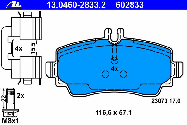 Комплект тормозных колодок, дисковый тормоз ATE 13.0460-2833.2