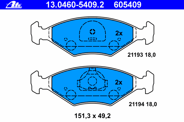 Комплект тормозных колодок, дисковый тормоз ATE 21194