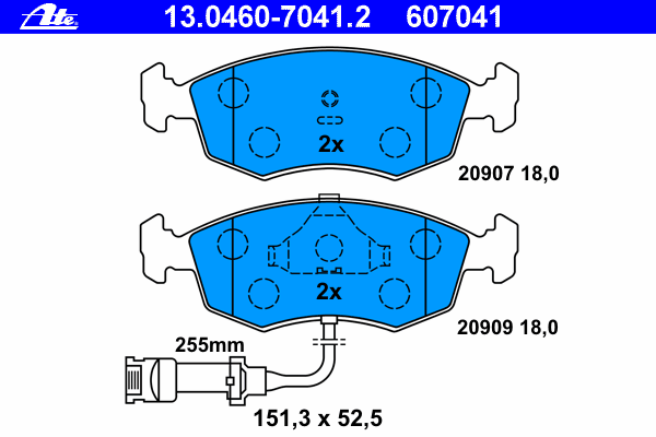 Комплект тормозных колодок, дисковый тормоз ATE 607041