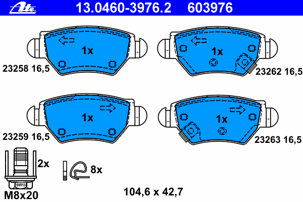 Комплект тормозных колодок, дисковый тормоз ATE 13.0460-3976.2