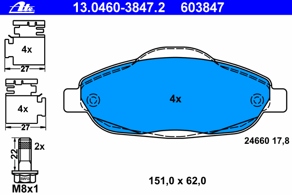 Комплект тормозных колодок, дисковый тормоз ATE 13.0460-3847.2