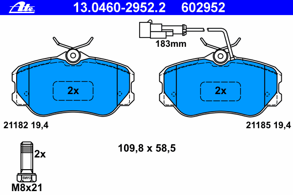 Комплект тормозных колодок, дисковый тормоз ATE 13.0460-2952.2
