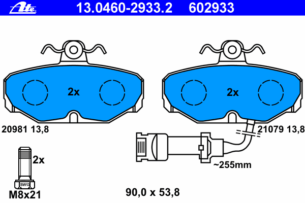 Комплект тормозных колодок, дисковый тормоз ATE 13.0460-2933.2