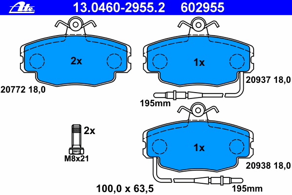 Комплект тормозных колодок, дисковый тормоз ATE 13.0460-2955.2