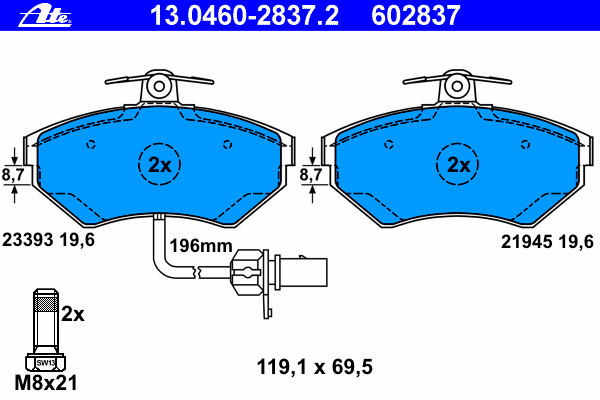 Комплект тормозных колодок, дисковый тормоз ATE 13.0460-2837.2