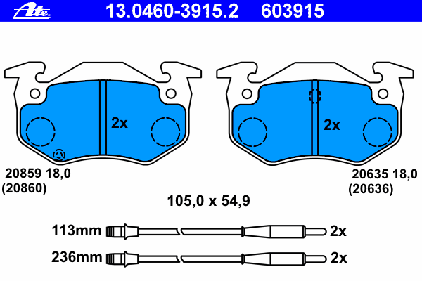 Комплект тормозных колодок, дисковый тормоз ATE 20636