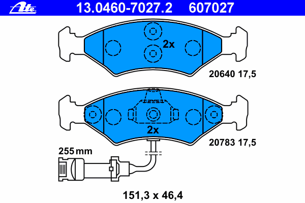Комплект тормозных колодок, дисковый тормоз ATE 607027