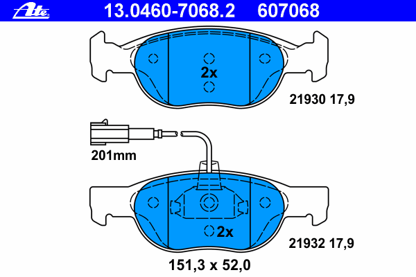 Комплект тормозных колодок, дисковый тормоз ATE 13046070682