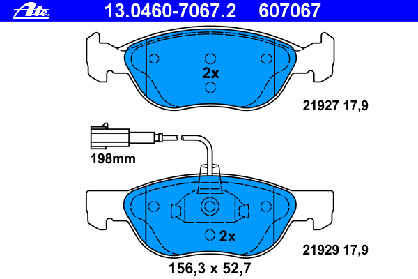 Комплект тормозных колодок, дисковый тормоз ATE 607067